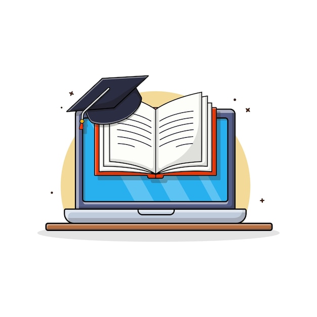 Laptop mit Buch und Abschluss-Hut Vektor-Ausbildung Online-Abschluss-Konzept-Design