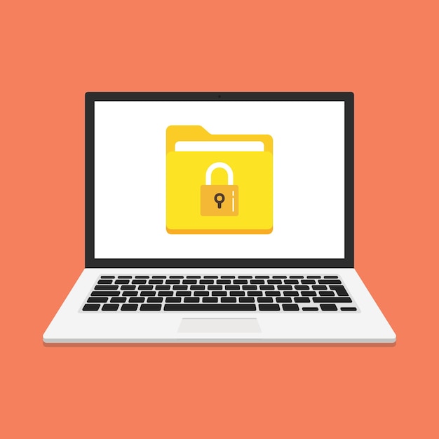 Laptop mit Dateischutz auf weißem Hintergrund. Datensicherheits- und Datenschutzkonzept. Sichere vertrauliche Informationen.