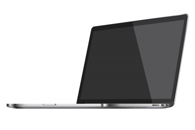 Laptop mit dem schwarzen Bildschirm getrennt auf weißem Hintergrund.