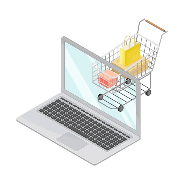 Laptop mit einem Warenkorb voller Pakete als Isometrische Vektorillustration der Einkaufs- und Einzelhandelsbranche