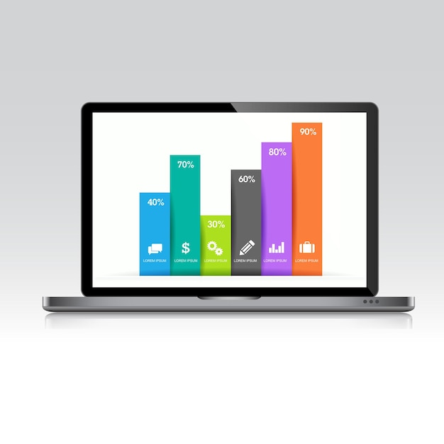 Laptop mit geschäftlicher Grafik auf dem Bildschirm 3D und flache Vektor-Design-Illustration für Web-Banner oder Präsentation verwendet