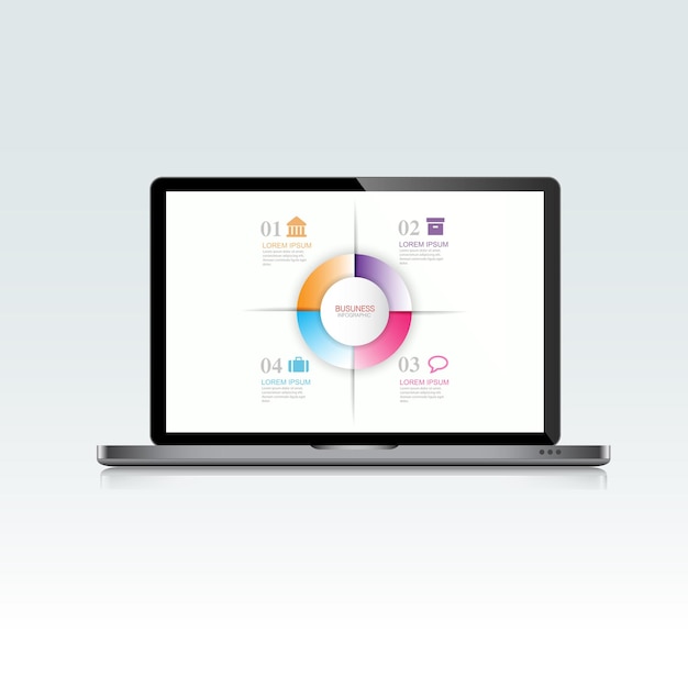 Laptop mit Infografik auf Screen3d und flache Vektor-Design-Illustration für Web-Banner oder Präsentation verwendet