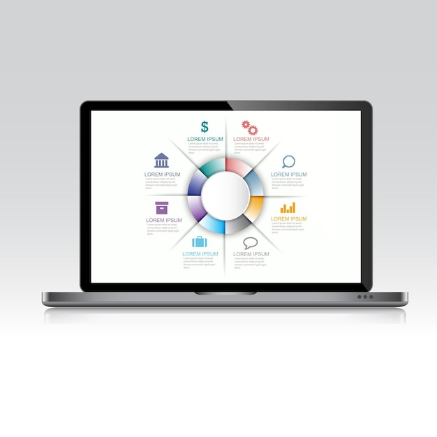 Laptop mit Infografik auf Screen3d und flache Vektor-Design-Illustration für Web-Banner oder Präsentation verwendet