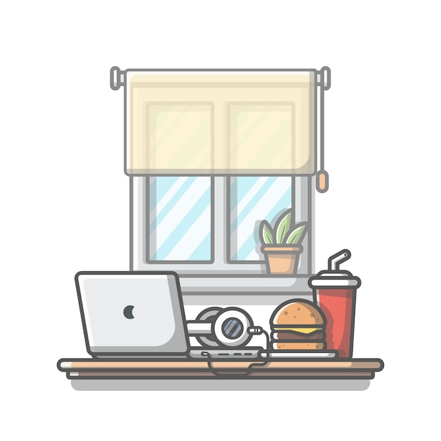 Laptop mit kopfhörer, burger und soda illustration. weißer isolierter hintergrund