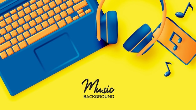 Laptop mit Kopfhörern und Handy für Musik