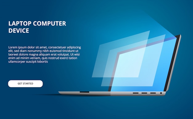 Vektor laptop mit offener isometrischer 3d-perspektive und leuchtbildschirm. computer anzeigen