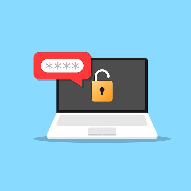 Laptop mit Passwort-Benachrichtigungssymbol im flachen Stil Authentifizierungsvektordarstellung auf isoliertem Hintergrund Geschäftskonzept für das Anmeldebestätigungszeichen