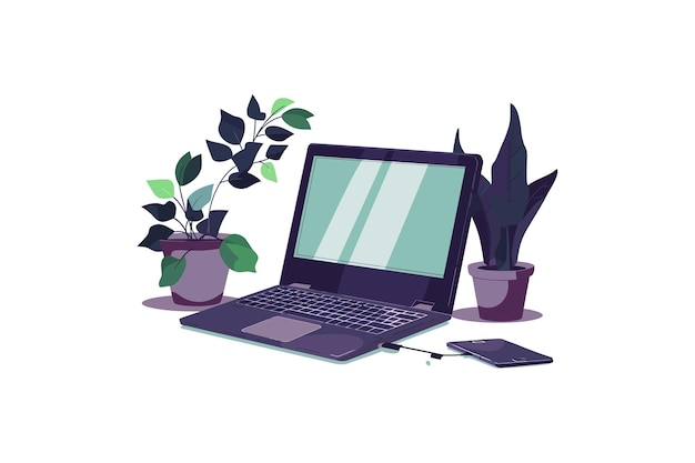 Laptop mit Topfpflanzen und Smartphone Vektor-Illustrationsdesign