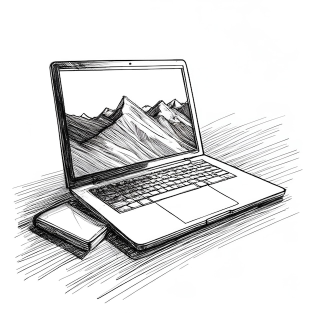 Laptop Monochrome Tinte Skizze Vektorzeichnung Gravierungsstil Vektorillustration