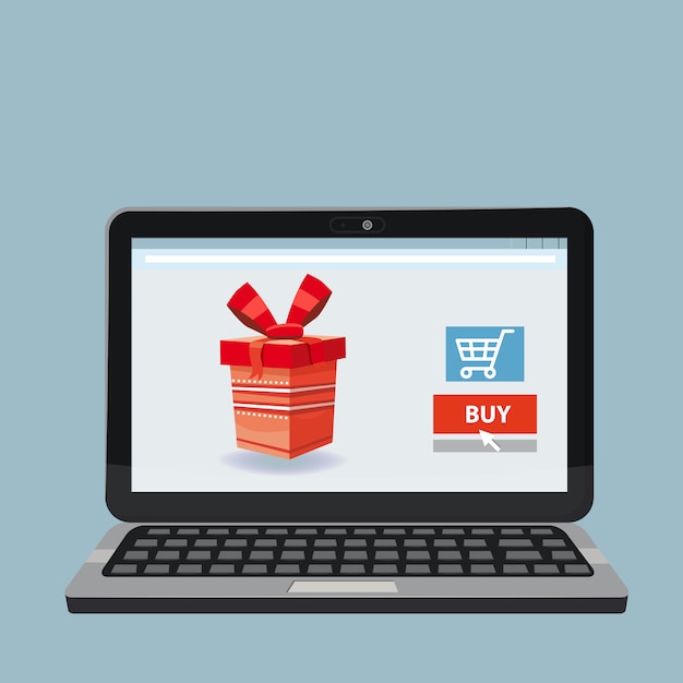 Laptop, Notizblock mit roter Geschenkbox.