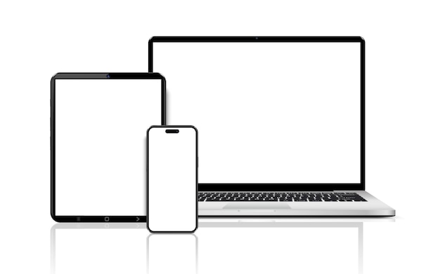 Vektor laptop-tablet-telefon flach liegend, detailliertes und realistisches gerätemodell