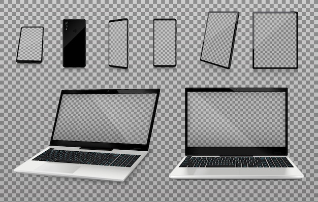 Laptop- und smartphone-attrappen mit realistischem satz transparenter bildschirme auf transparentem hintergrund isolierte vektorillustration