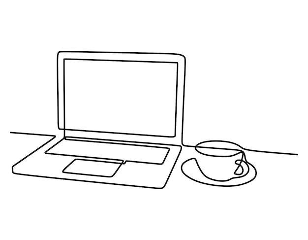 Laptop und tasse kaffee bearbeitbare einzeilige kontinuierliche einzeilige kunst