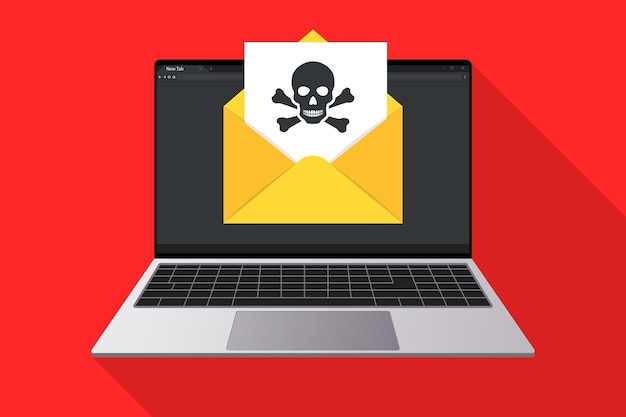 Laptop und Umschlag mit Dokument- und Schädelsymbol