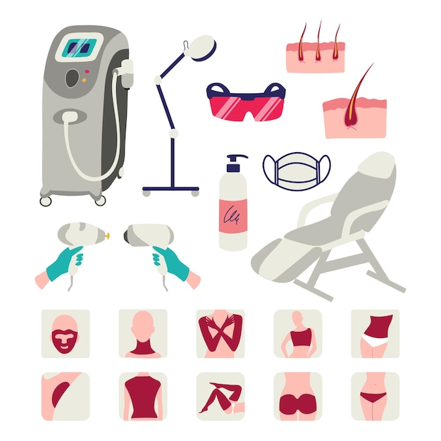 Laser-haarentfernungs-icon-set isoliert auf weißem hintergrund vektor-illustration der ausrüstung epilierer gel-brille kosmetikstuhl lampe im einfachen flachen stil