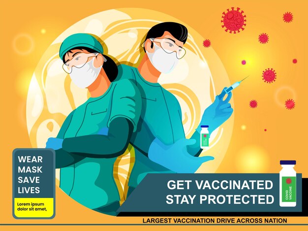 Lassen sie sich impfen bleiben sie geschütztes konzept mit medizinischem personal, das maske und impfstoff trägt