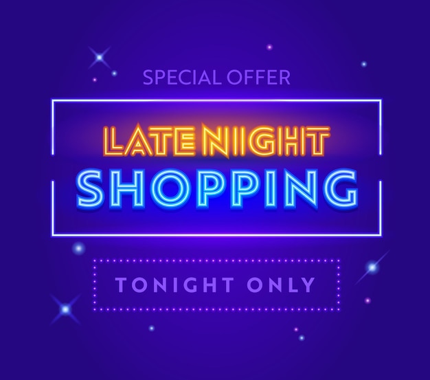 Late night sale, sonderangebot werbebanner mit typografie auf blauem hintergrund mit leuchtenden sternen. design für shopping-rabatt
