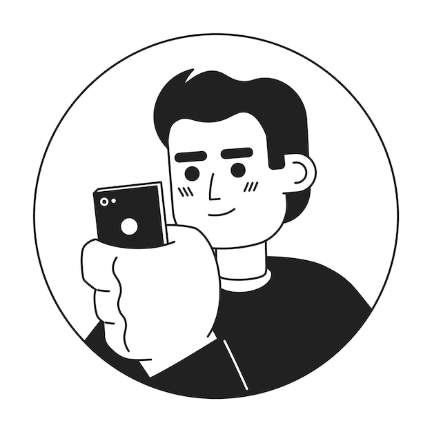 Lateinamerikanischer junger Erwachsener, der sich ein Telefon ansieht, schwarz-weiß 2D-Vektor-Avatar-Illustration, der ein Handy in der Hand hält, Latino-Männliche Kontur Zeichentrickfigur Gesicht isoliert Social-Media-Nutzer flaches Porträt