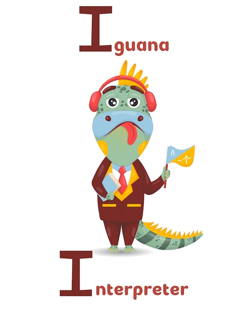Vektor lateinische abc-tierberufe, beginnend mit i iguana-dolmetscher im cartoon-stil