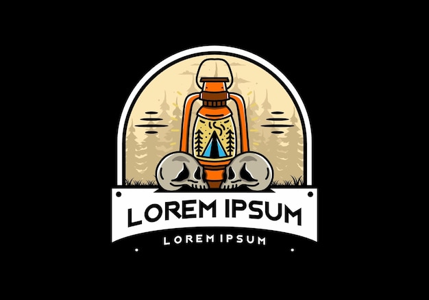 Laterne im Freien mit dreieckigem Campingzelt und Illustration mit zwei Totenköpfen