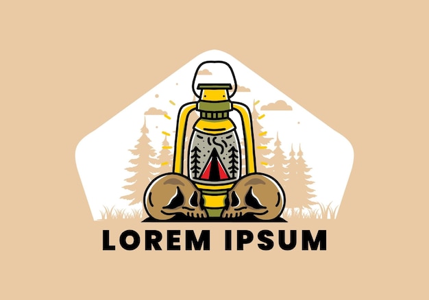 Laterne im Freien mit dreieckigem Campingzelt und Illustration mit zwei Totenköpfen