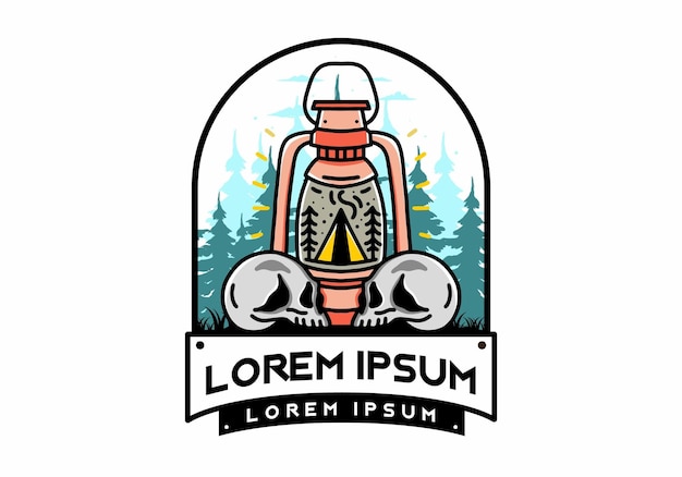 Laterne im Freien mit dreieckigem Campingzelt und Illustration mit zwei Totenköpfen
