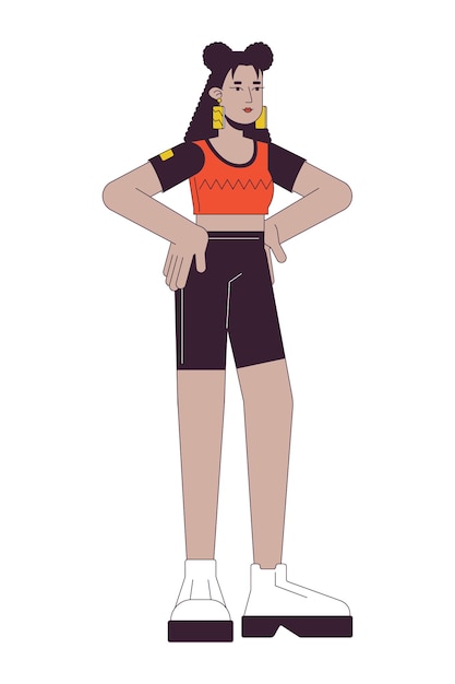 Latina-Frau in Trainingskleidung, flache Linie, Farbvektorfigur, editierbare Umrisse, Ganzkörperperson auf weißen Leggings, junge erwachsene Frau, einfache Cartoon-Spot-Illustration für Web-Grafikdesign
