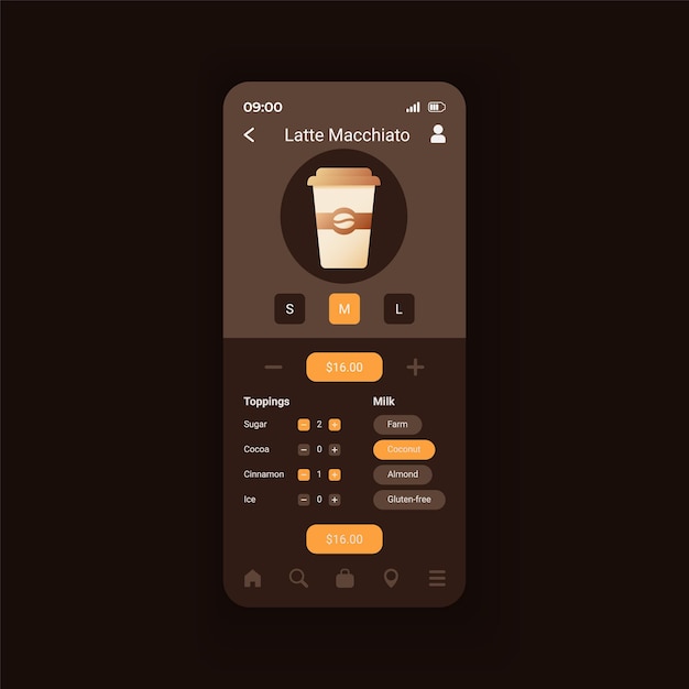 Latte macchiato-vorbereitung smartphone-schnittstellenvektorvorlage. perfekten kaffee zubereiten. design-layout für mobile apps. espresso mit kokossieb wählen. flache benutzeroberfläche für die anwendung. telefondisplay