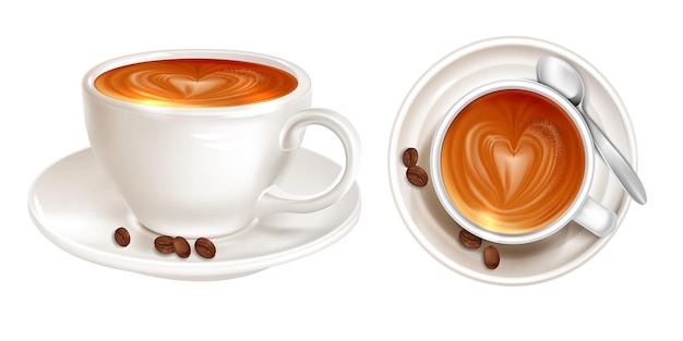 Vektor latte mit muster auf schaum oben und seitenansicht