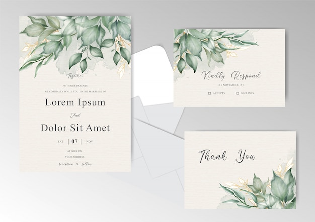 Laub und grün aquarell hochzeitseinladungskarten set vorlage