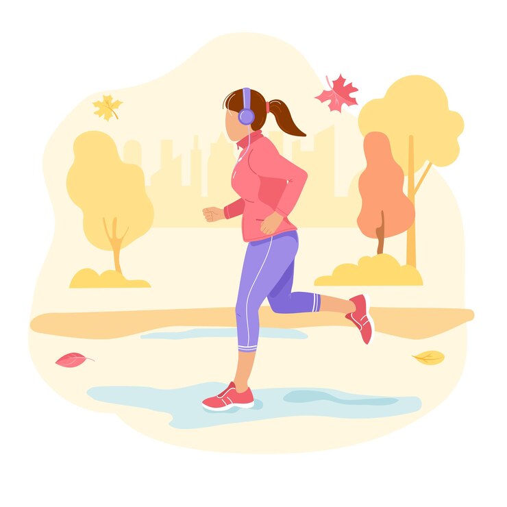Vektor laufen. herbst. ein mädchen mit kopfhörern beim joggen.