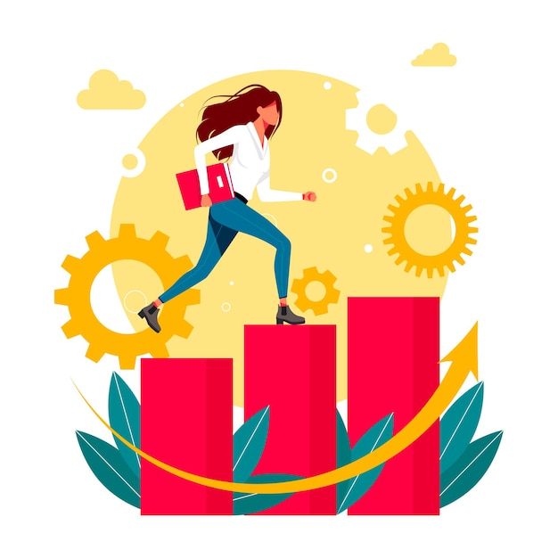Laufende Frau mit Dokumenten in der Hand die Karriereleiter hinauf. Vektor-Illustration