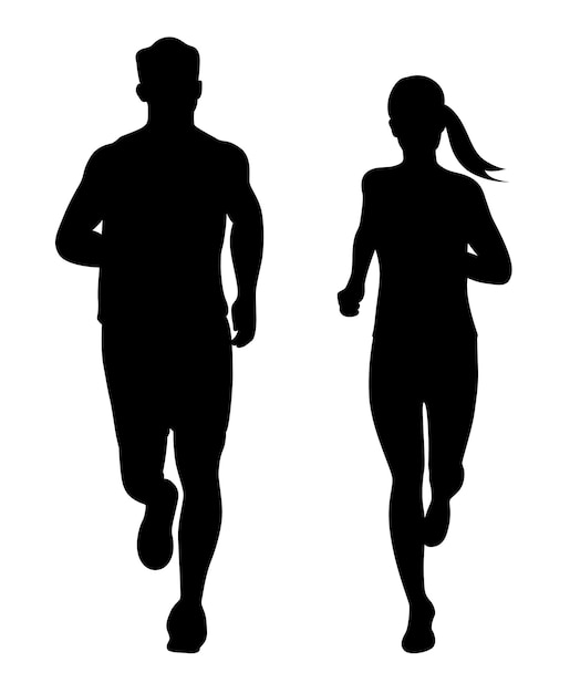 Laufende Männer und Frauen, junge Athleten laufen in einem Rennen, ein junges Paar läuft in Silhouetten.
