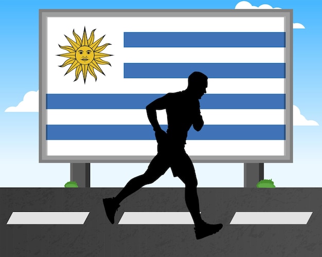 Laufende Mann-Silhouette mit Uruguay-Flagge auf Billboard-Olympiaden oder Marathon-Wettkämpfen