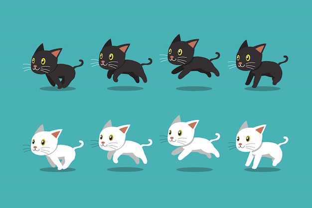 Laufender Schritt der schwarzen Katze der Karikatur und der weißen Katze