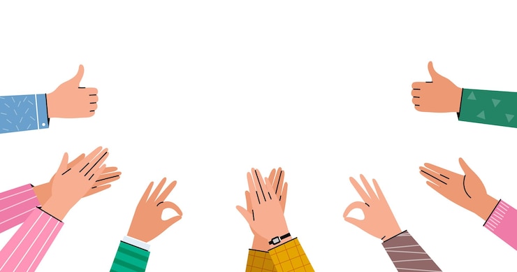Vektor lauter applaus, begrüßung und unterstützung. menschliche hände klatschen und daumen hoch. illustration der teamunterstützung, öffentliche zustimmung, öffentliche glückwünsche.