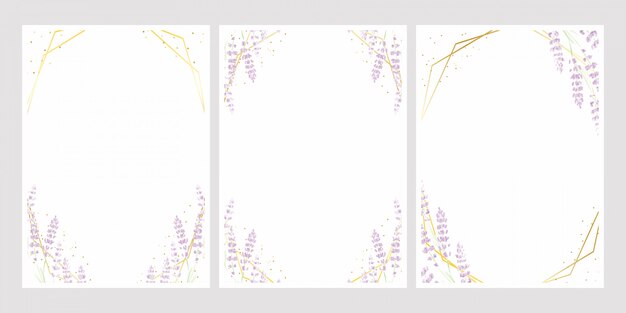 Lavendelaquarell mit goldenem rahmen für hochzeitseinladungskartenschablone