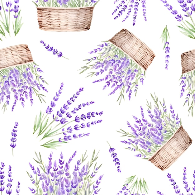 Vektor lavendelblüte im korb nahtloses muster blumenhintergrund aquarell blumenmuster vektorillustration