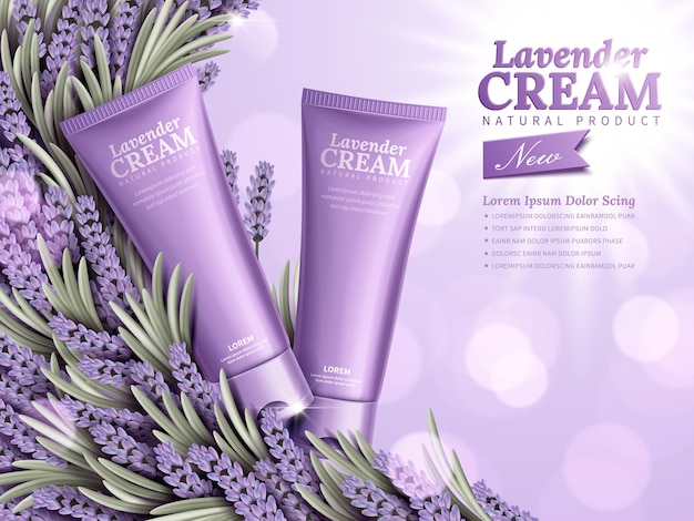 Lavendelcreme-anzeigen, natürliche hautpflegeprodukte mit purpurroter verpackung und lavendelelement auf bokeh hintergrund in der illustration