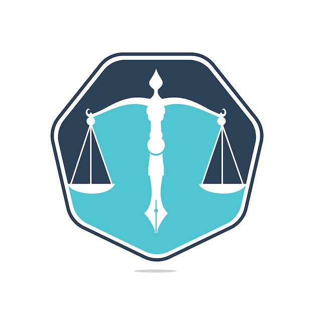 Vektor law-logo-vektor mit gerichtlichem gleichgewicht symbolisch für die waage der gerechtigkeit in einer stiftspitze