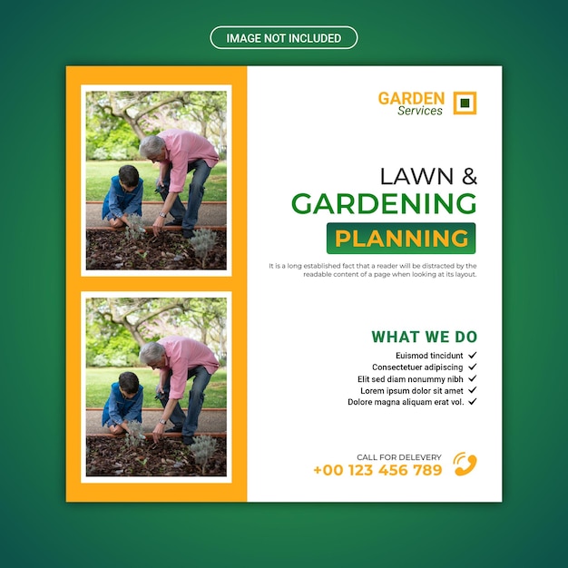 Lawn garden service social media post banner design vorlage mit grüner farbe