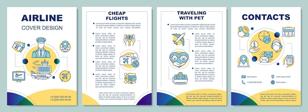 Layout der broschürenvorlage für fluggesellschaften. reisen mit haustieren. flyer, broschüre, broschürendruckdesign mit linearen illustrationen. vektorseitenlayouts für zeitschriften, geschäftsberichte, werbeplakate