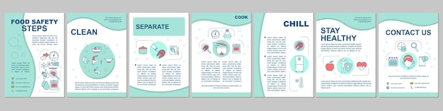 Vektor layout der lebensmittelsicherheitsbroschüre. lebensmittelverarbeitung, handhabung, zubereitung, lagerung. reinigen, trennen, kochen, kühlen. flyer, broschüre, broschürendruckdesign. vektorgrafiken für zeitschriften, berichte, poster