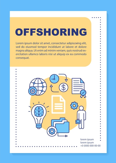 Vektor layout der offshoring-broschürenvorlage. umzug der kaufmännischen abteilung. flyer, broschürendruckdesign mit linearen illustrationen. vektorseitenlayouts für zeitschriften, geschäftsberichte, werbeplakate