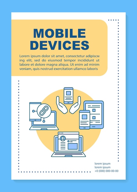 Layout der postervorlage für mobile geräte. smartphone und tablet. mobile applikation. banner, broschüre, broschürendruckdesign, lineare symbole. vektorbroschürenseitenlayout für zeitschriften, werbeflyer