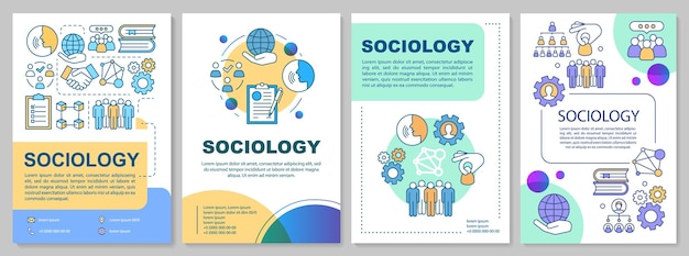 Layout der soziologie-broschürenvorlage. sozialforschung, wissenschaften. flyer, broschüre, broschürendruckdesign mit linearen illustrationen. vektorseitenlayouts für zeitschriften, geschäftsberichte, werbeplakate