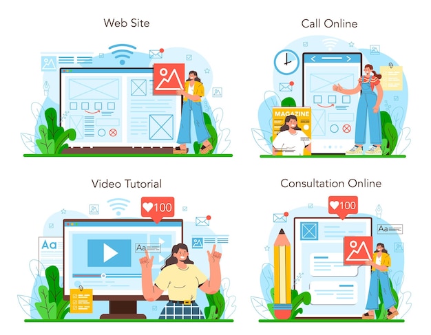 Layout-designer-online-service oder plattform-set. entwicklung von zeitschriften- oder zeitungslayouts. mobile app und website-design. online-beratung, anruf, video-tutorial, website. flache vektorillustration