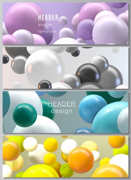 Layout von Headern, Banner-Design-Vorlagen für das Design von Website-Fußzeilen, horizontales Flyer-Design, Website-Header. Abstrakter futuristischer Hintergrund mit bunten 3D-Kugeln, glänzenden Blasen, Kugeln.