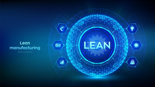 Lean Six Sigma Smart Industry Qualitätskontrolle Standardisierung Lean Manufacturing DMAIC Konzept zur Optimierung von Geschäfts- und Industrieprozessen Sechseckiger Gitterkugelhintergrund Vektorillustration