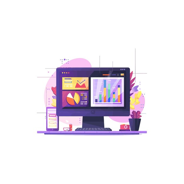 Lebendiger Computer-Arbeitsraum mit Datendiagrammen Vektor-Illustrationsdesign